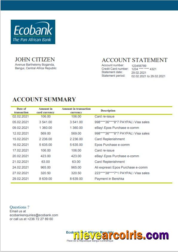 Central African Republic Ecobank bank statement in Word and PDF format